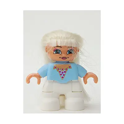 Duplo Figure Lego Ville, Child Girl, White Legs, Bright Light Blue Top with Heart Pattern, Blond Hair (Princess)