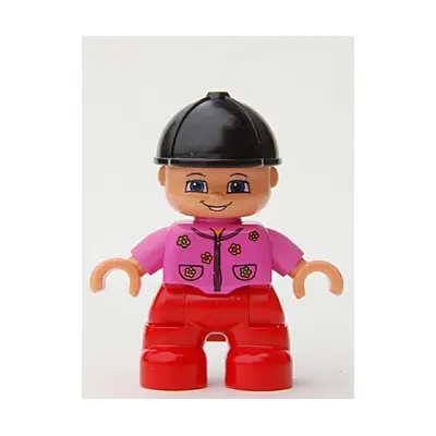 Duplo Figure Lego Ville, Child Girl, Red Legs, Dark Pink Top with Flowers, Black Riding Helmet
