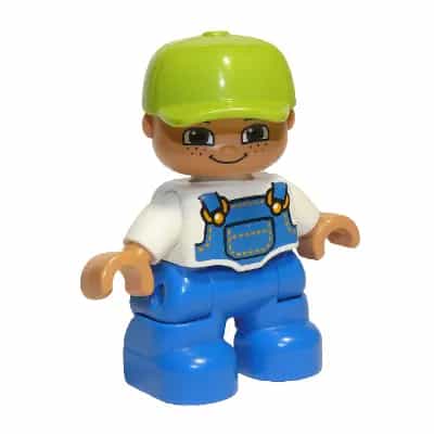 Duplo Figure Lego Ville, Child Boy, Blue Legs, White Top with Blue Overalls, Lime Cap, Freckles