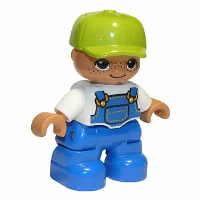 Duplo Figure Lego Ville, Child Boy, Blue Legs, White Top with Blue Overalls, Lime Cap, Freckles, Oval Eyes