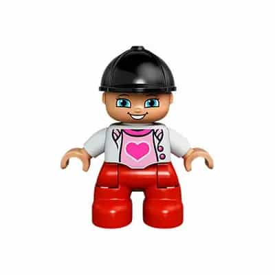 Duplo Figure Lego Ville, Child Girl, Red Legs, White Top with Heart, Black Riding Helmet (6024192)