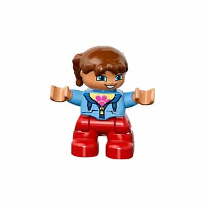 Duplo Figure Lego Ville, Child Girl, Red Legs, Medium Blue Jacket over Shirt with Flower, Reddish Brown Pigtails