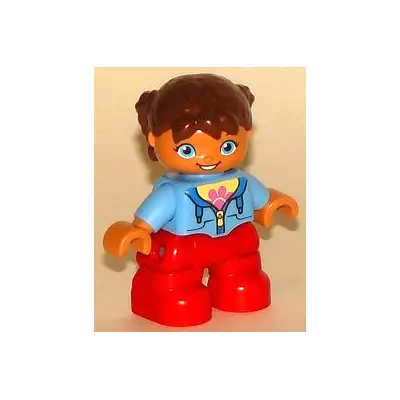 Duplo Figure Lego Ville, Child Girl, Red Legs, Medium Blue Jacket over Shirt with Flower, Reddish Brown Pigtails, Oval Eyes