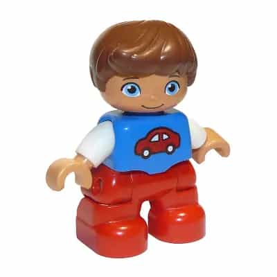 Duplo Figure Lego Ville, Child Boy, Red Legs, Blue Top with Red Car Pattern, Reddish Brown Hair