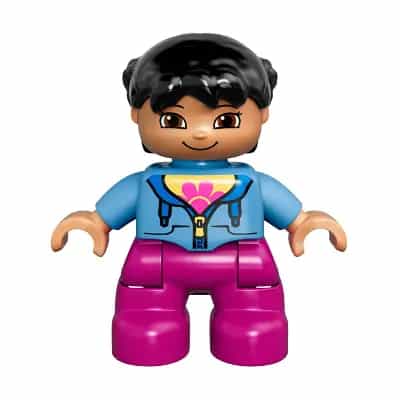 Duplo Figure Lego Ville, Child Girl, Magenta Legs, Medium Blue Jacket over Shirt with Flower, Black Pigtails
