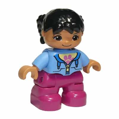 Duplo Figure Lego Ville, Child Girl, Magenta Legs, Medium Blue Jacket over Shirt with Flower, Black Pigtails, Oval Eyes