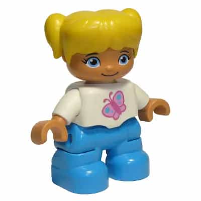 Duplo Figure Lego Ville, Child Girl, Dark Azure Legs, White Top with Pink Butterfly, Yellow Hair with Pigtails (6136453 / 6228500)