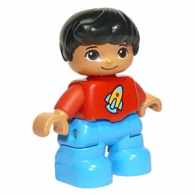 Duplo Figure Lego Ville, Child Boy, Dark Azure Legs, Red Top with Space Rocket Ship, Black Hair (6136449 / 6233698)