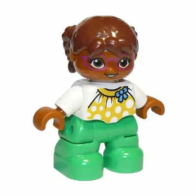 Duplo Figure Lego Ville, Child Girl, Bright Green Legs, White Top with Yellow Pattern and Blue Bow, Brown Hair, Brown Head, Magenta Glasses, Oval Eyes