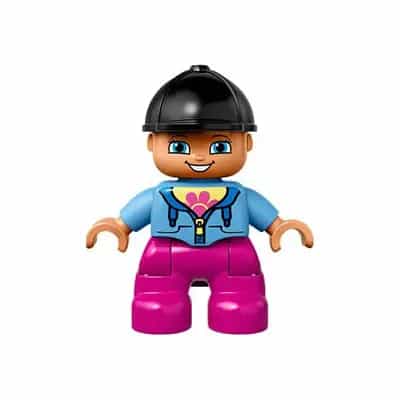 Duplo Figure Lego Ville, Child Girl, Dark Pink Legs, Medium Blue Jacket with Flower Top, Black Riding Helmet (6138099)