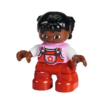 Duplo Figure Lego Ville, Child Girl, Red Legs, Bright Pink Top with Flower on Pocket, White Arms, Black Hair Pigtails with Uneven Bangs