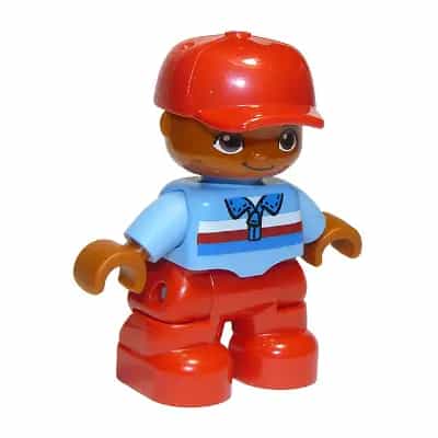 Duplo Figure Lego Ville, Child Boy, Red Legs, Medium Blue Top with Zipper and Blue, Red and White Stripes, Red Cap, Oval Eyes (6179301 / 6233837)