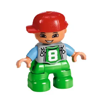 Duplo Figure Lego Ville, Child Boy, Bright Green Legs, Light Bluish Gray Top with '8' Pattern, Medium Blue Arms, Red Cap