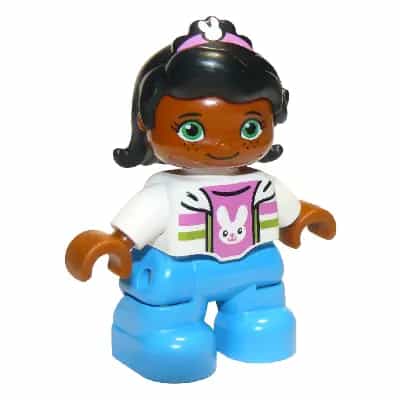 Duplo Figure Lego Ville, Child Girl, Dark Azure Legs, White Top with Dark Pink Undershirt with Bunny Rabbit Head, Black Hair with Dark Pink Band, Green Eyes (6174731, 6228497)