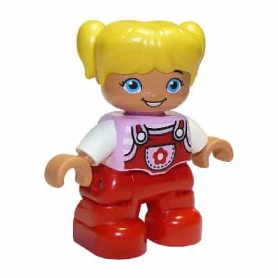 Duplo Figure Lego Ville, Child Girl, Red Legs, Bright Pink Top with Flower on Pocket, White Arms, Yellow Hair (6188842)