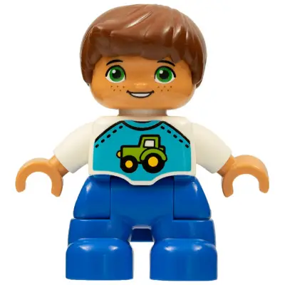 Duplo Figure Lego Ville, Child Boy, Blue Legs, White Top with Tractor Pattern, Reddish Brown Hair