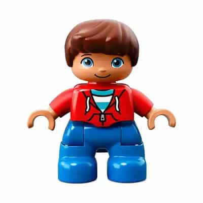 Duplo Figure Lego Ville, Child Boy, Blue Legs, Red Top with Zipper and Pockets, Reddish Brown Hair