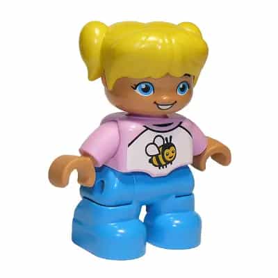 Duplo Figure Lego Ville, Child Girl, Dark Azure Legs, White and Bright Pink Top with Bee, Yellow Hair with Pigtails (6250094)