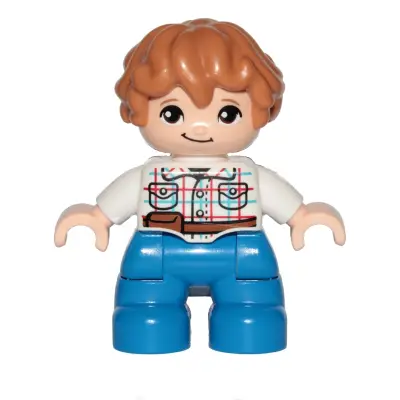 Duplo Figure Lego Ville, Child Boy, Blue Legs, White Checkered Shirt with Belt, Medium Nougat Hair