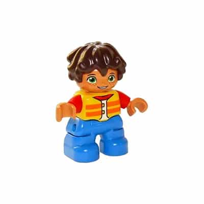 Duplo Figure Lego Ville, Child Boy, Blue Legs, Yellow Vest, Red Arms, Reddish Brown Hair (6265055)