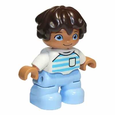 Duplo Figure Lego Ville, Child Boy, Bright Light Blue Legs, White Top with Medium Azure and Light Aqua Stripes, White Arms, Dark Brown Hair (6296134)