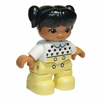 Duplo Figure Lego Ville, Child Girl, Bright Light Yellow Legs, White Top with Black Hearts, Black Hair with Pigtails, Medium Nougat Skin