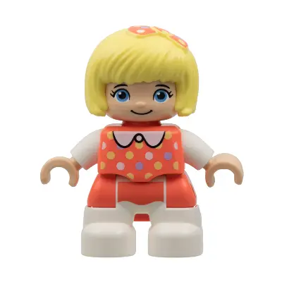 Duplo Figure Lego Ville, Child Girl, White Legs, Coral Top with Polka Dots Pattern, White Arms, Bright Light Yellow Hair with Bow