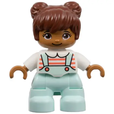 Duplo Figure Lego Ville, Child Girl, Light Aqua Legs, White Top with Coral Stripes, Reddish Brown Hair (6290980)