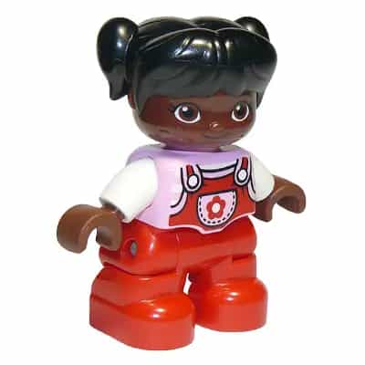 Duplo Figure Lego Ville, Child Girl, Red Legs, Bright Pink Top with Flower on Pocket, White Arms, Black Hair with Pigtails, Oval Eyes