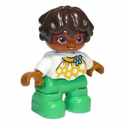 Duplo Figure Lego Ville, Child Girl, Bright Green Legs, White Top with Yellow Pattern and Blue Bow, Dark Brown Wavy Hair, Magenta Glasses (6295446)