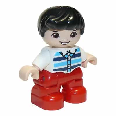 Duplo Figure Lego Ville, Child Boy, Red Legs, White Top with Medium Azure and Dark Blue Stripes, Black Hair