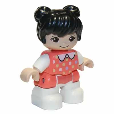 Duplo Figure Lego Ville, Child Girl, White Legs, Coral Top with Polka Dots Pattern, White Arms, Black Hair (6335901)