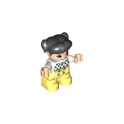 Duplo Figure Lego Ville, Child Girl, Bright Light Yellow Legs, White Top with Black Hearts, Black Hair with Pigtails, Light Nougat Skin (6335905)