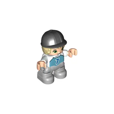 Duplo Figure Lego Ville, Child Boy, Light Bluish Gray Legs, Medium Azure Top with Number 7, Tan Hair, Black Riding Helmet (6323948)
