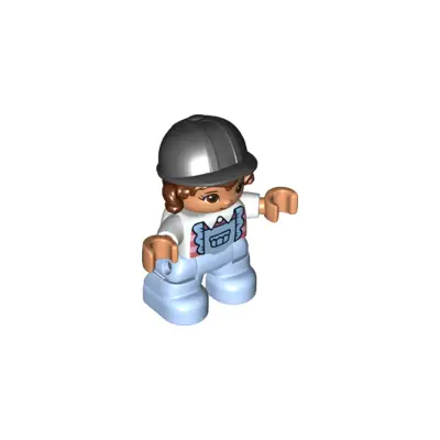 Duplo Figure Lego Ville, Child Girl, Bright Light Blue Legs with Overalls, White Top, Reddish Brown Hair, Black Riding Helmet (6332636)