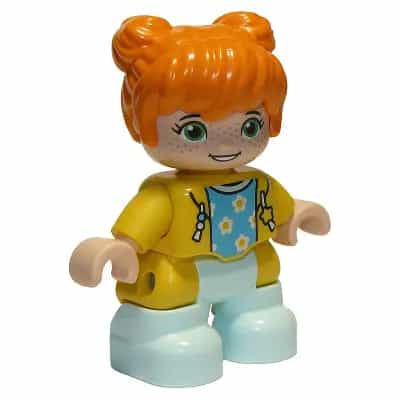 Duplo Figure Lego Ville, Child Girl, Light Aqua Legs, Yellow Jacket with Medium Azure Top with Flowers, Orange Hair