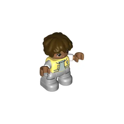 Duplo Figure Lego Ville, Child Boy, Light Bluish Gray Legs, Bright Light Yellow Jacket with Number 1, Dark Brown Hair (6361834)