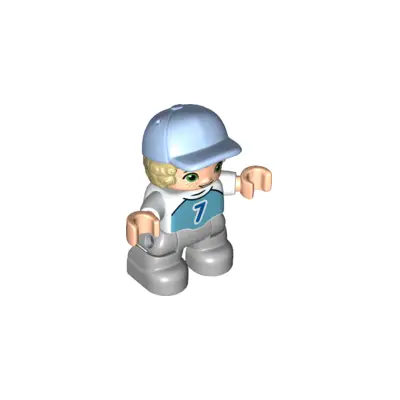 Duplo Figure Lego Ville, Child Boy, Light Bluish Gray Legs, Medium Azure Top with Number 7, Tan Hair, Bright Light Blue Cap (6349785)