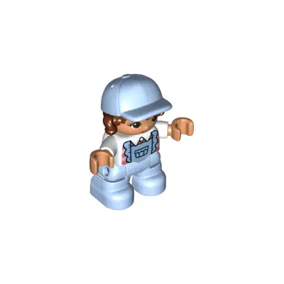 Duplo Figure Lego Ville, Child Girl, Bright Light Blue Legs with Overalls, White Top, Reddish Brown Hair, Bright Light Blue Cap (6349955)