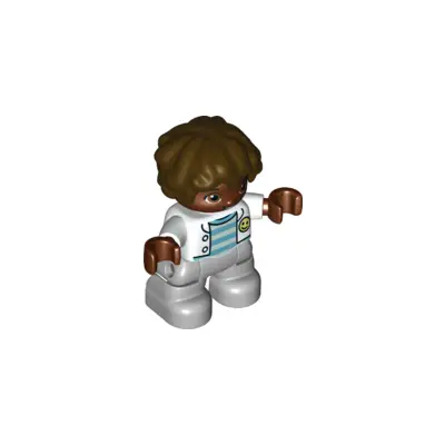 Duplo Figure Lego Ville, Child Boy, Light Bluish Gray Legs, White Jacket, Light Aqua and Medium Azure Striped Top, Dark Brown Hair (6361964)
