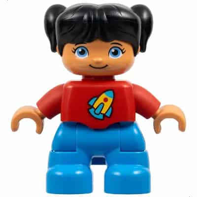 Duplo Figure Lego Ville, Child Girl, Dark Azure Legs, Red Top with Space Rocket Ship, Black Hair (6255022)