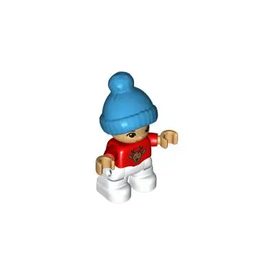 Duplo Figure Lego Ville, Child Boy, White Legs, Red Top with Deer Buck, Freckles, Reddish Brown Eyes, Dark Azure Bobble Cap (6397615)