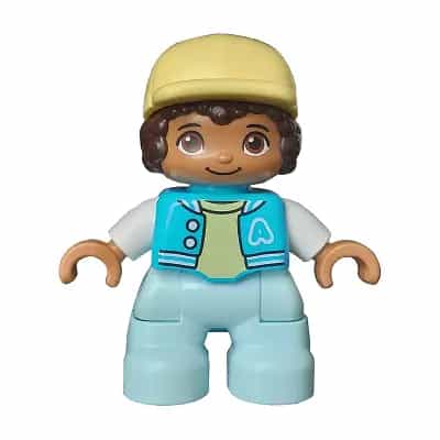 Duplo Figure Lego Ville, Child Boy, Light Aqua Legs, Medium Azure Jacket with Capital Letter A and Buttons, Dark Brown Hair, Bright Light Yellow Cap (6435328)