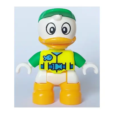 Duplo Figure Lego Ville, Louie Duck, Neon Yellow Life Jacket, Bright Green Arms and Cap (6438663)
