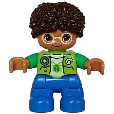 Duplo Figure Lego Ville, Child Boy, Blue Legs, Lime Vest, Yellowish Green Shirt, Bright Light Yellow Glasses, Dark Brown Hair (6446049)