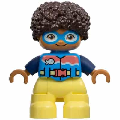 Duplo Figure Lego Ville, Child Boy, Bright Light Yellow Legs, Dark Azure Vest and Goggles, Dark Blue Arms, Dark Brown Hair (6449847)