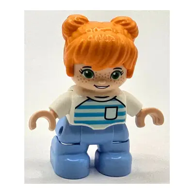 Duplo Figure Lego Ville, Child Girl, Bright Light Blue Legs, Orange Hair, Medium Azure and Light Aqua Striped Shirt, Green Eyes, Freckles, White Arms (6453163)