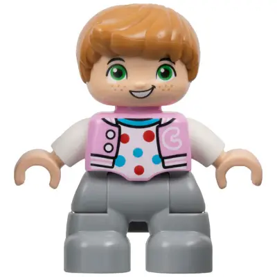 Duplo Figure Lego Ville, Child Boy, Light Bluish Gray Legs, Bright Pink Jacket with Capital Letter C, Polka Dot Shirt, Medium Nougat Hair (6446171)