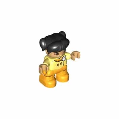Duplo Figure Lego Ville, Child Girl, Bright Light Orange Legs, Bright Light Yellow Top with White Dog Head, Black Hair with Pigtails (6444088)