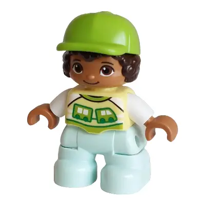 Duplo Figure Lego Ville, Child Boy, Light Aqua Legs, Bright Light Yellow Shirt with Train Pattern, Dark Brown Hair, Lime Cap (6488925)